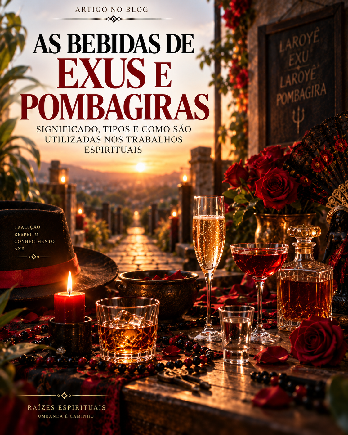 Imagens com diversos copos de bebidas usadas no culto a Exus e Pombagiras