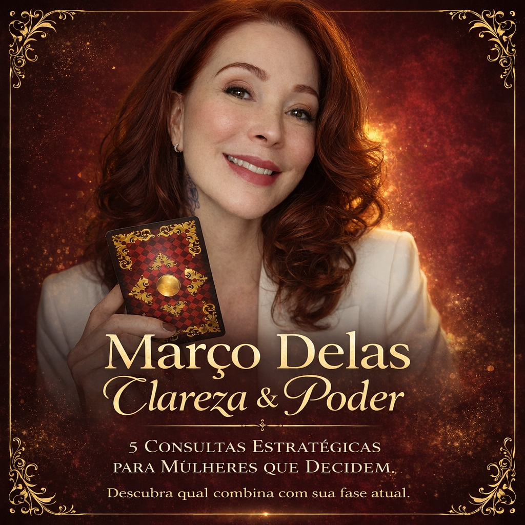 Gláucia Carvalho segura uma carta do Baralho cigano com o texto em destaque: Consulta Espiritual do Mês da Mulher 2026