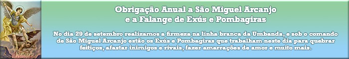 imagem de São Miguel arcanjo vencendo o demônio com os dizeres "Obrigação Anual a São miguel Arcanjo e a Falange dos Exús e Pombagiras"